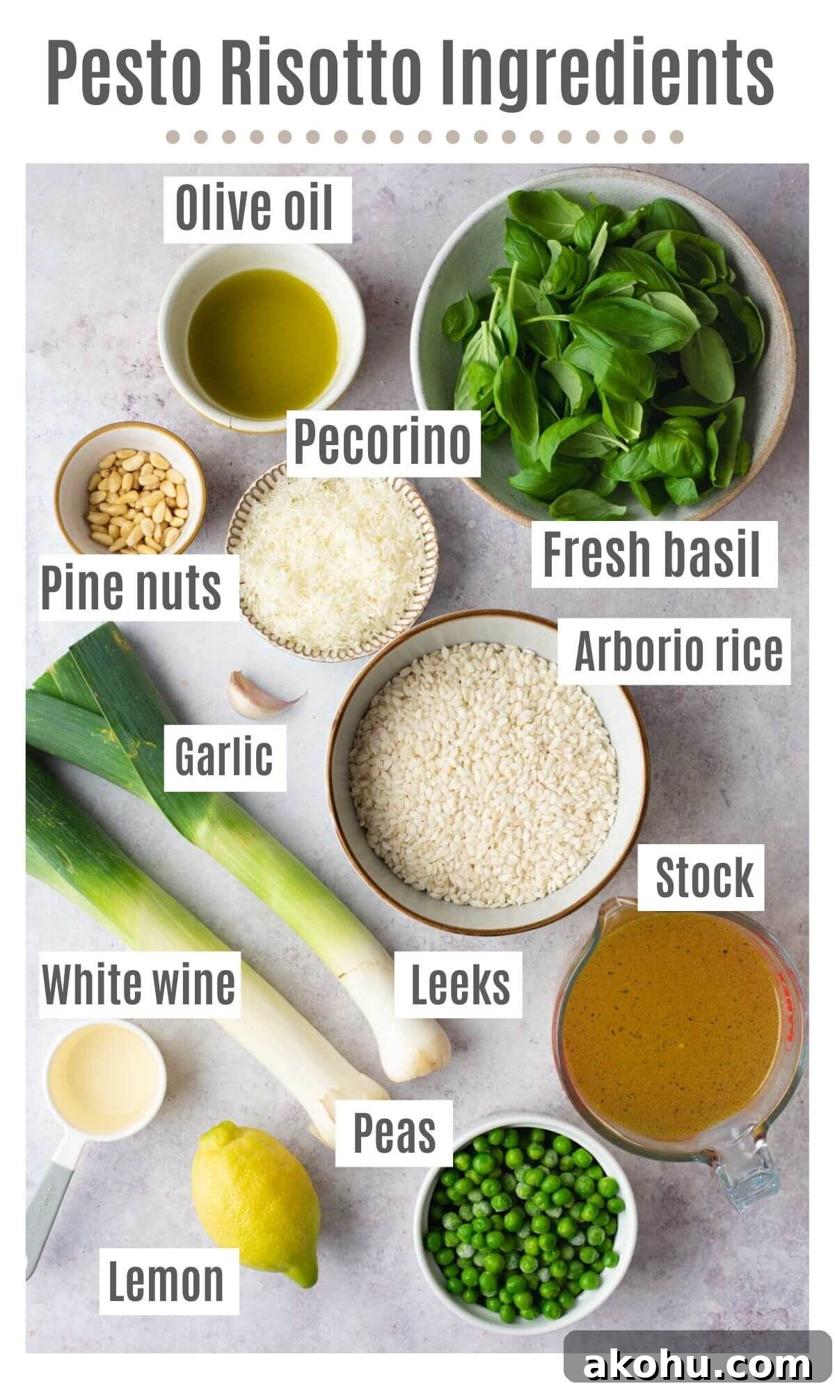 Creamy Pea and Basil Pesto Risotto 3 An overhead shot of all the ingredients you need to make a risotto with peas, pesto and leeks