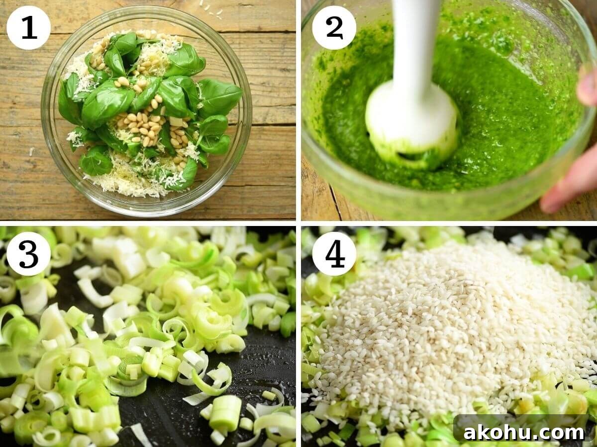 Creamy Pea and Basil Pesto Risotto 4 Four photos in a collage showing how to make pesto, saute leeks and add risotto rice to a pan