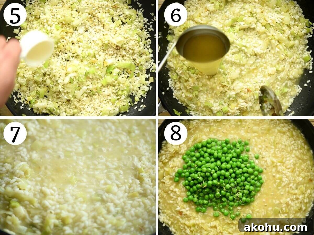 Creamy Pea and Basil Pesto Risotto 5 Four photos ion a collage showing how to make risotto