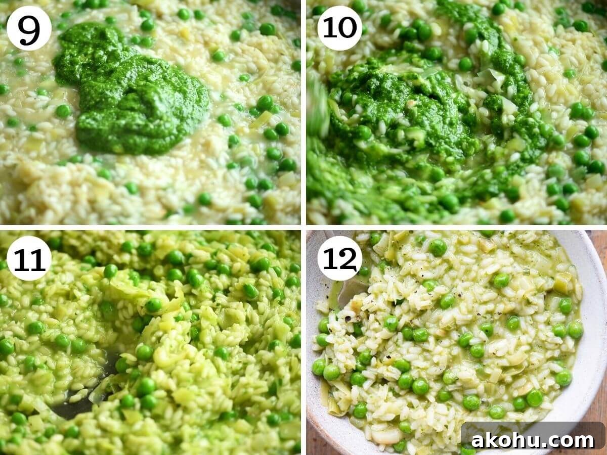 Creamy Pea and Basil Pesto Risotto 6 Four photos in a collage showing how to add pesto and peas to risotto