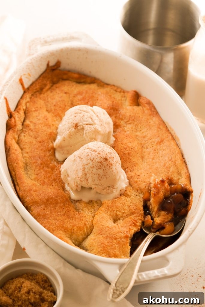 peach cobbler with vanilla ice cream