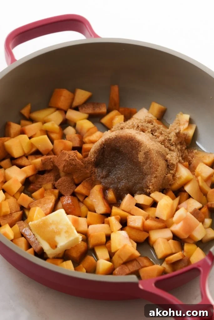 chopped peaches, brown sugar, water, butter, vanilla, extra, and cinnamon in a pan