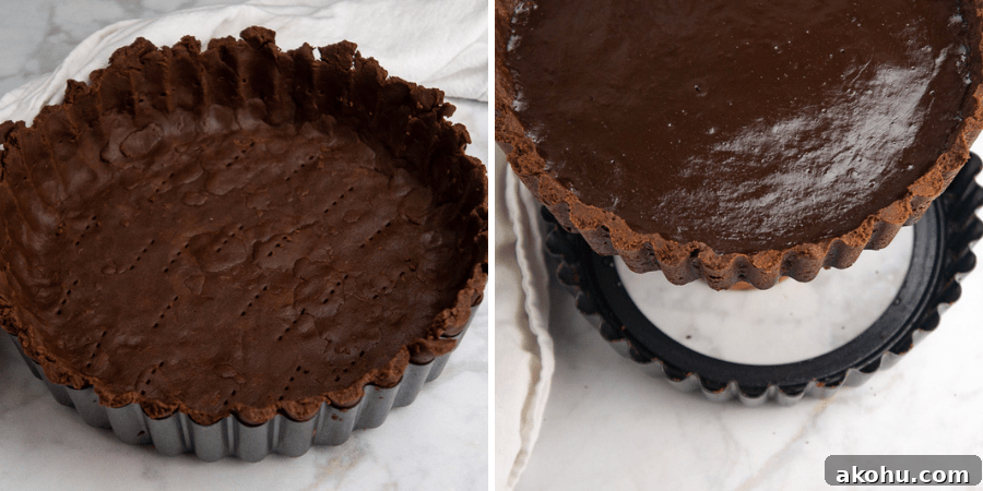 a chocolate tart shell and then teh tart baked and the pan being removed