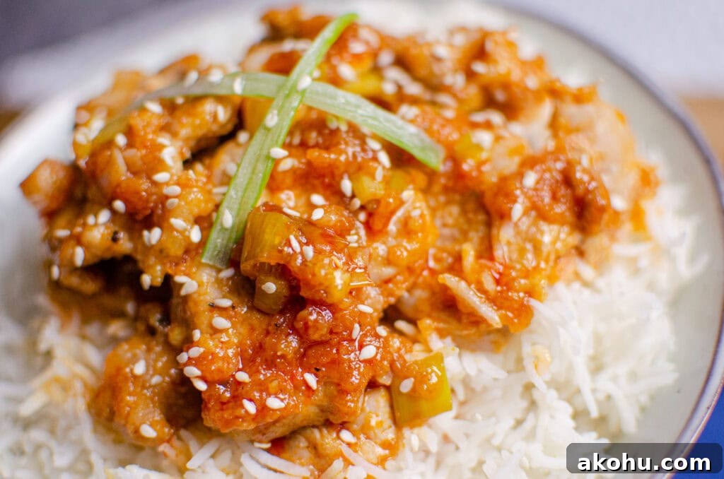 Pork fillet cooked with a spicy sauce served with rice and sesame seeds