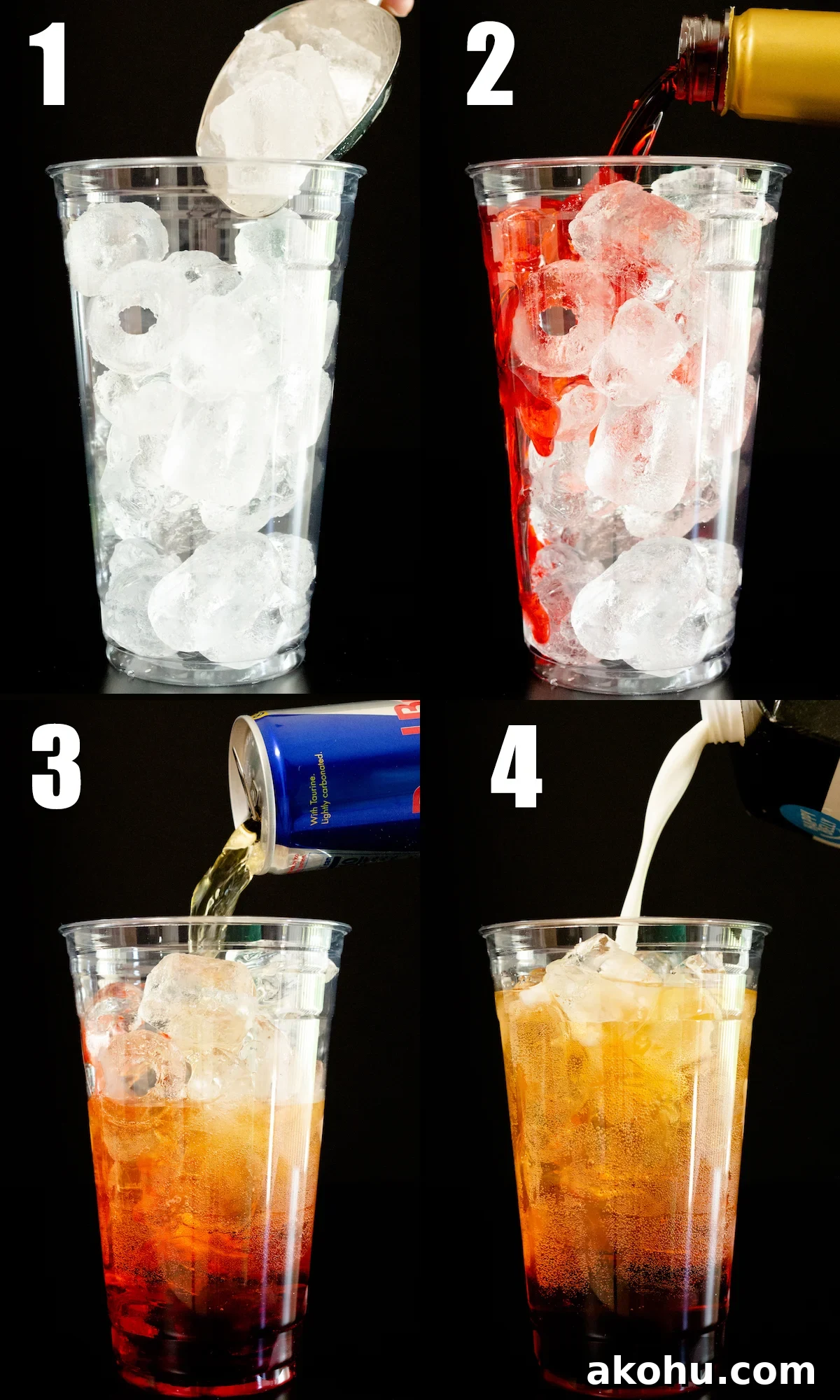How to Make Sparkling Red Bull Italian Soda at Home 5 A four photo collage showing how to make a Red Bull Italian Soda 1 - add ice to a large glass, 2 - add flavored syrup, 3 - pour in red bull, 4 - add cream.