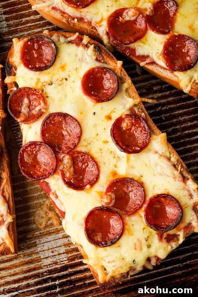 French Bread Pizza close up view of french bread pizza