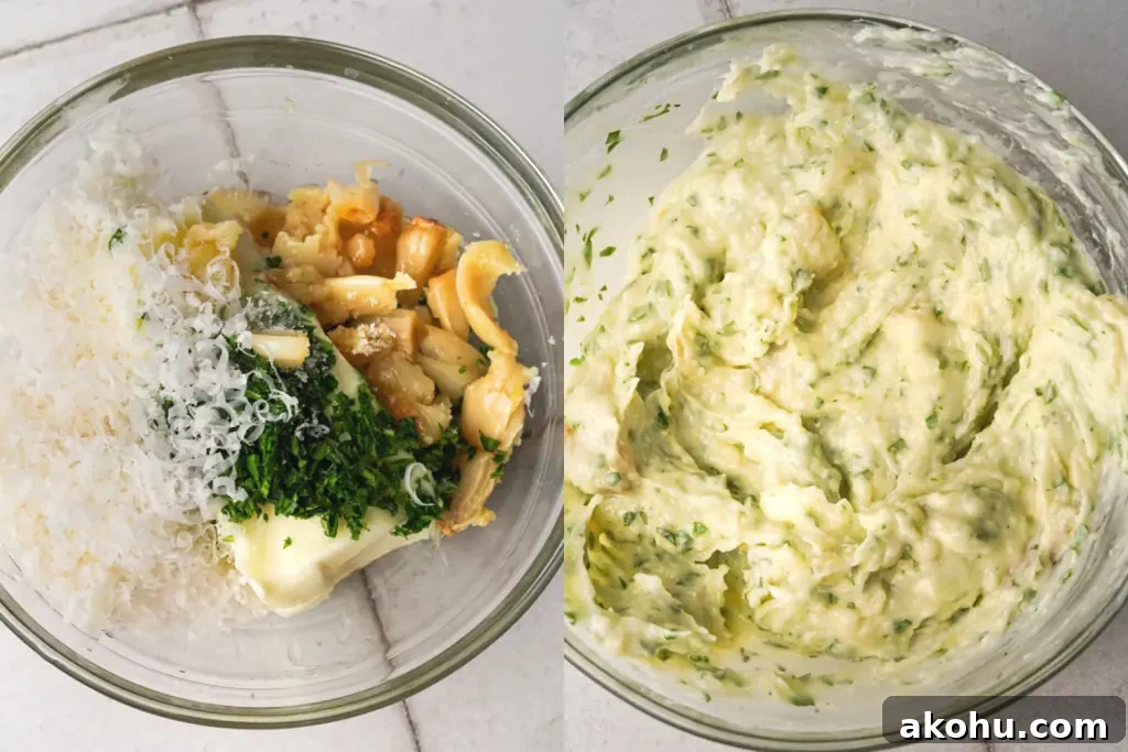 Cheesy bread recipe side by side images showing how to mix garlic butter spread