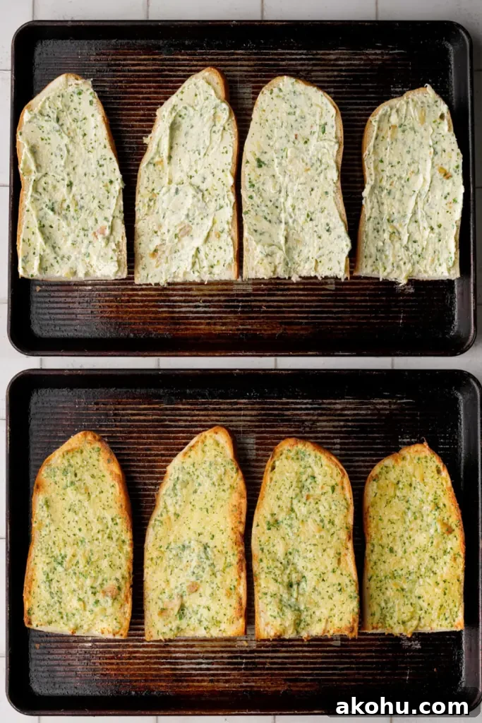 french bread pizza cooking instructions two images showing before and after toasting garlic bread