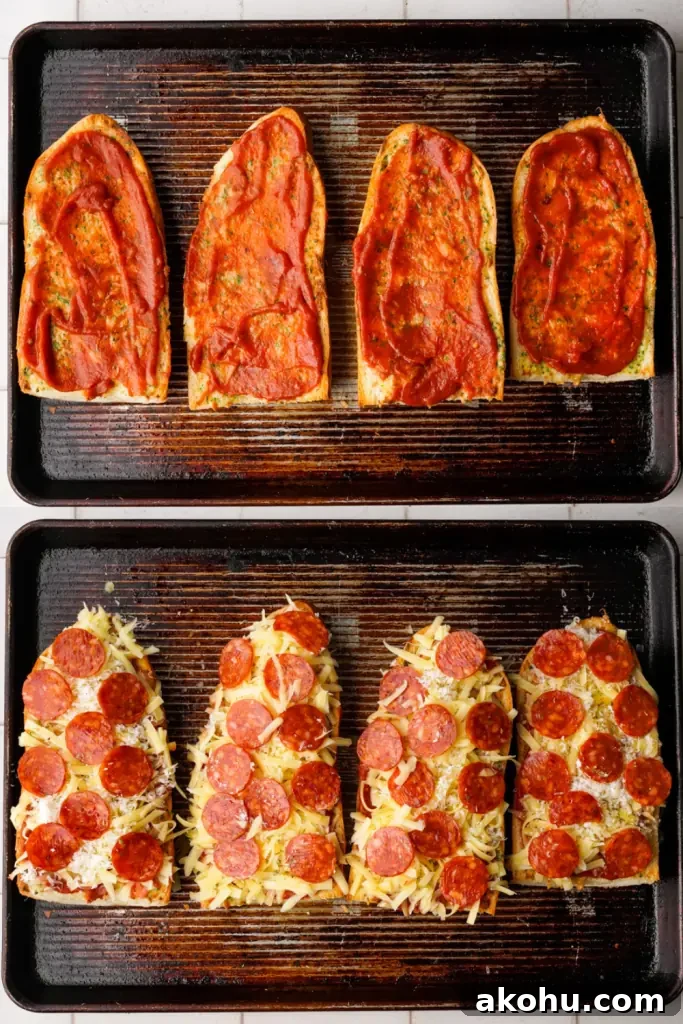 best french bread pizza recipe two images, the first displaying four slices of toasted french bread topped with tomato sauce and the second showing fully assembled garlic bread pizza with pepperoni