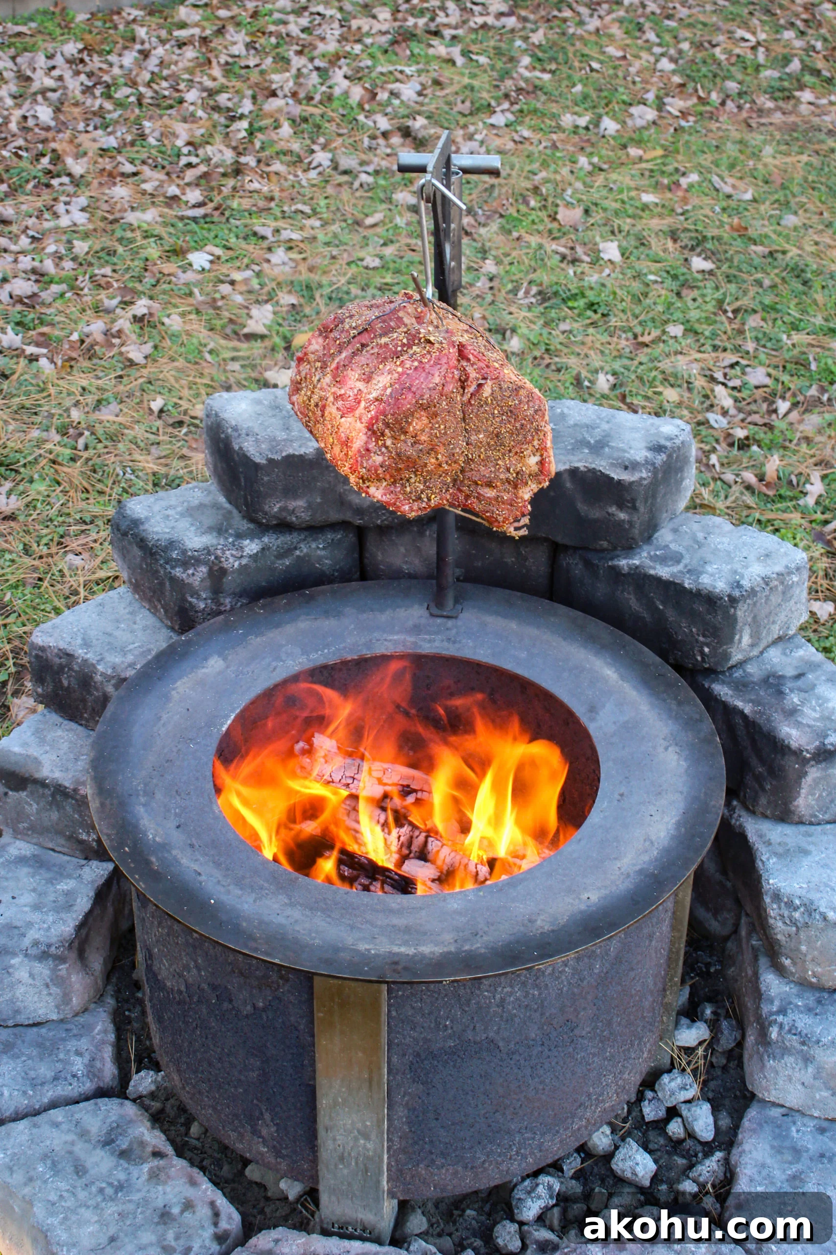 How to Cook Hanging Prime Rib: Recipe and Roasting Tips 3 Hanging Prime Rib getting set up over the flames.