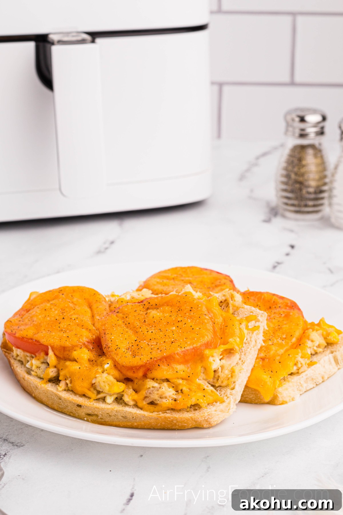 Crispy Air Fryer Tuna Melt Sandwich Recipe 12 A tuna melt cooked In the air fryer, topped with tomatoes and melted cheese, and served on a round white plate. There is a salt and pepper shaker at the top right of the picture, and the base of the air fryer is to the right.