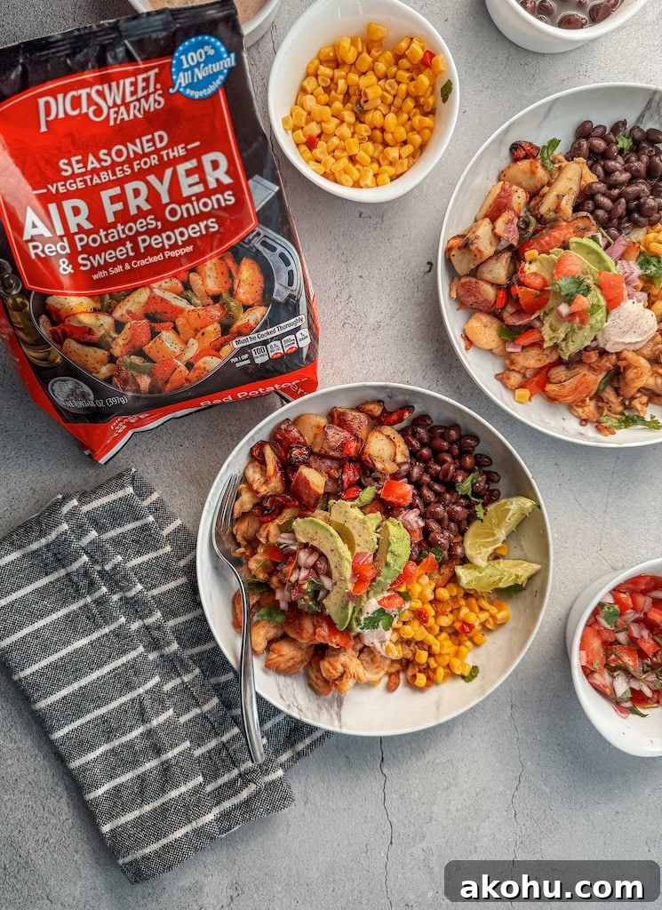Spicy Southwest Chicken and Air-Fried Vegetable Bowl 4 Pictsweet Farms Vegetables for the Air Fryer Red Potatoes, Onions & Sweet Peppers