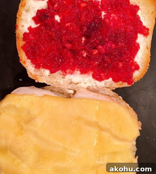 Turkey sandwich with melted gouda cheese adding cranberry sauce.