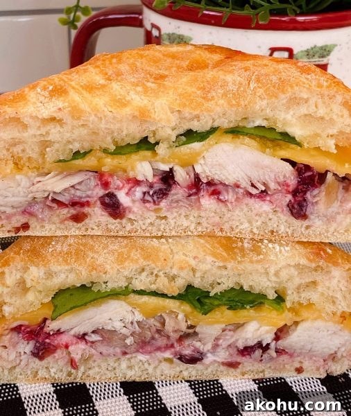 Hot Turkey Sandwich with Cranberry Sauce cut in half and stacked.