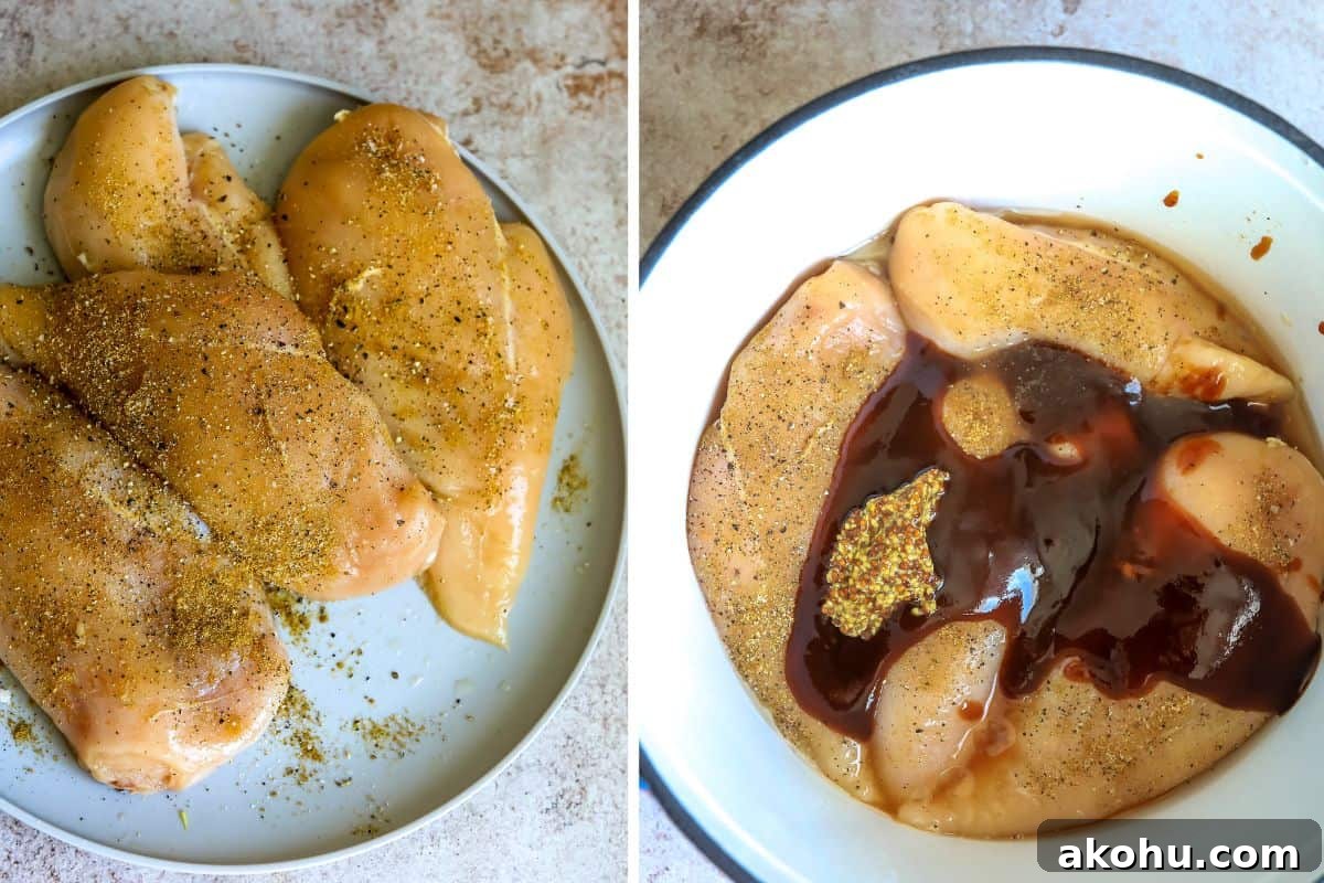 Chicken on a plate sprinkled with seasonings and in a dutch oven with the bbq sauce and other seasonings. 