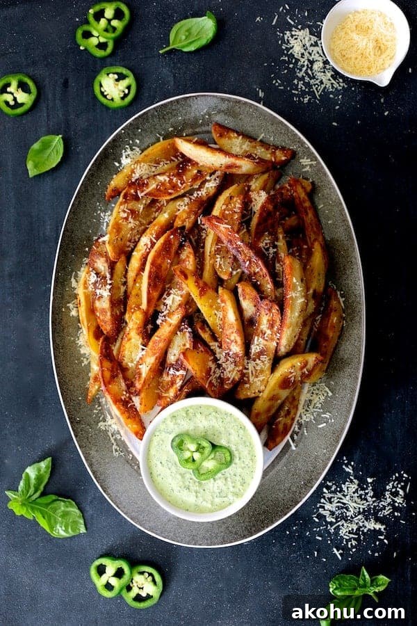Photo of Oven Fries with Spicy Pesto Aioli on gray-rimmed platter garnished with jalapeno slices, basil leaves and Parmesan cheese.