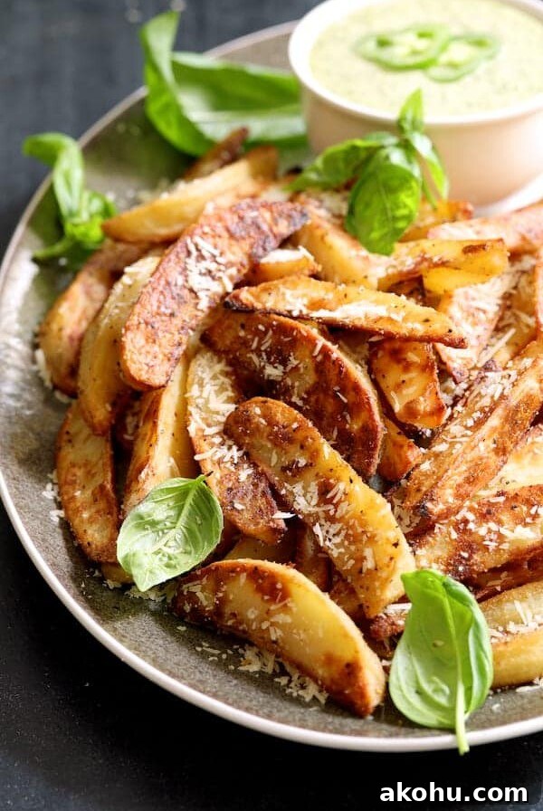 Oven Fries with Spicy Pesto Aioli on gray-rimmed platter garnished with fresh basil leaves.
