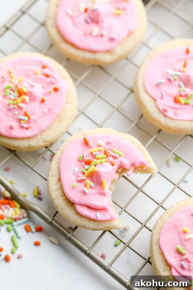 rack with many cookies, one with bite taken out, with sprinkles