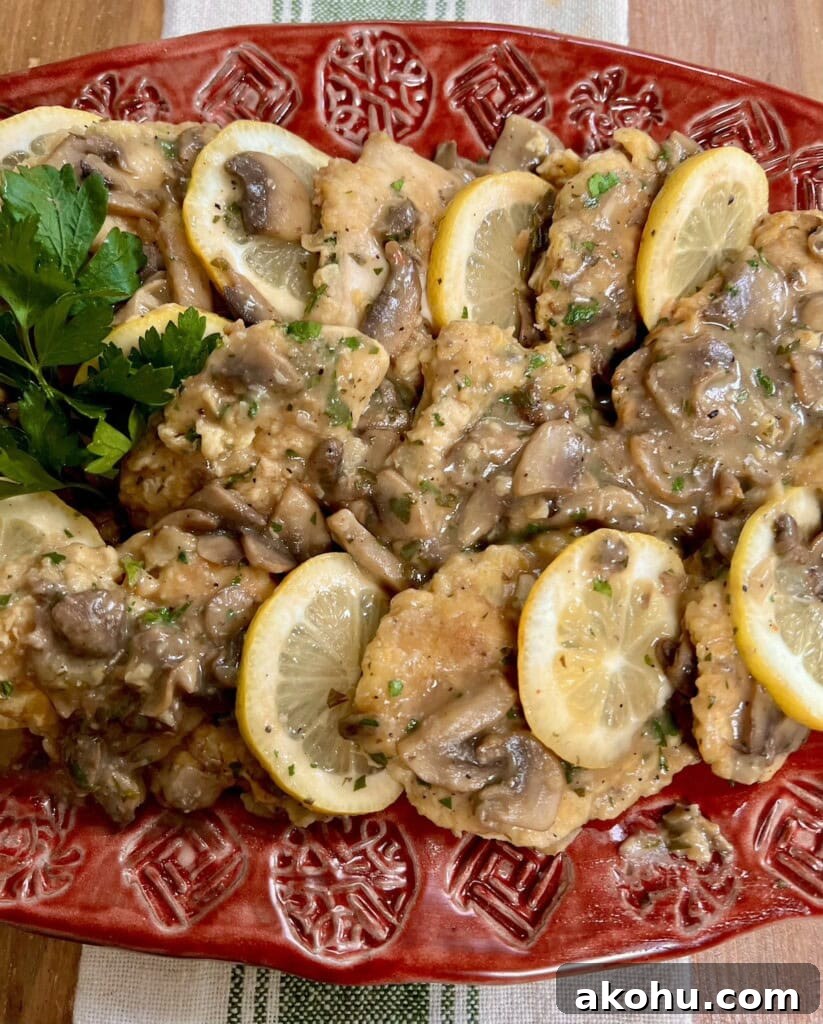 Italian Chicken Francese with Mushrooms with lemon slices and fresh parsley garnish on red serving platter.
