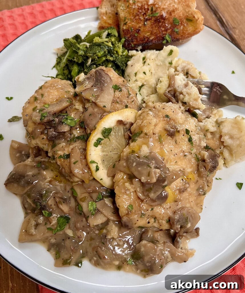 Chicken Francaise with chopped parsley and lemon slice garnish on white dinner plate with mashed potatoes, broccoli rabe, bread and fork.