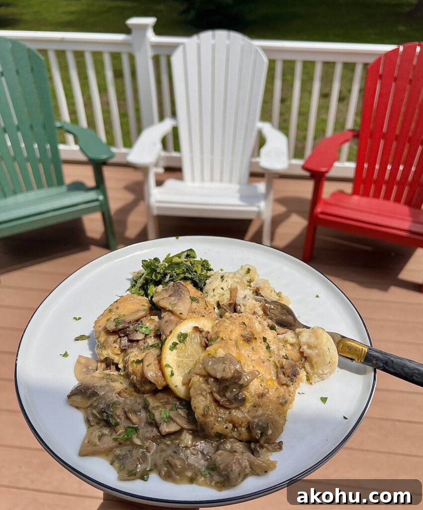 Chicken Francaise with sides on white dinner plate with deck chairs in backgound.