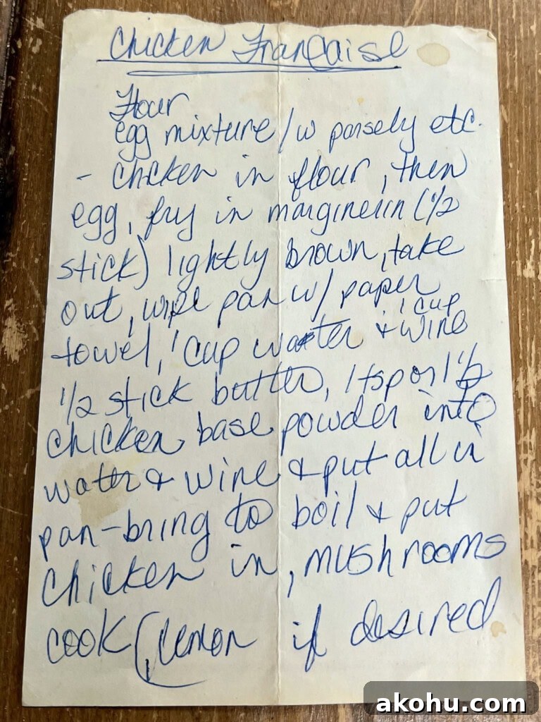 Original handwritten chicken francaise recipe from years ago.