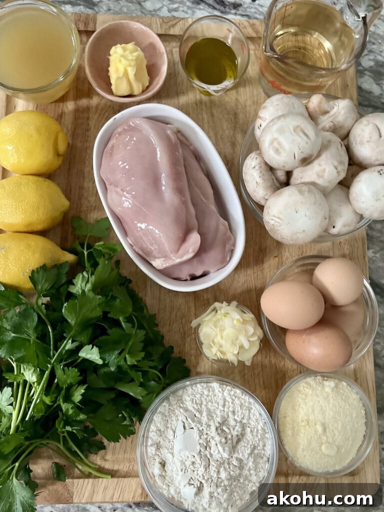 Ingredients for italian chicken francese with mushrooms on cutting board.