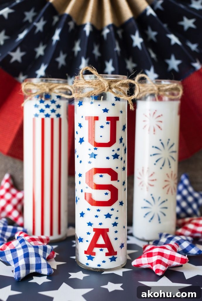 Patriotic Candles: Top Designs for Fourth of July & Memorial Day 6 USA vinyl decals on tall white candle jars with twine
