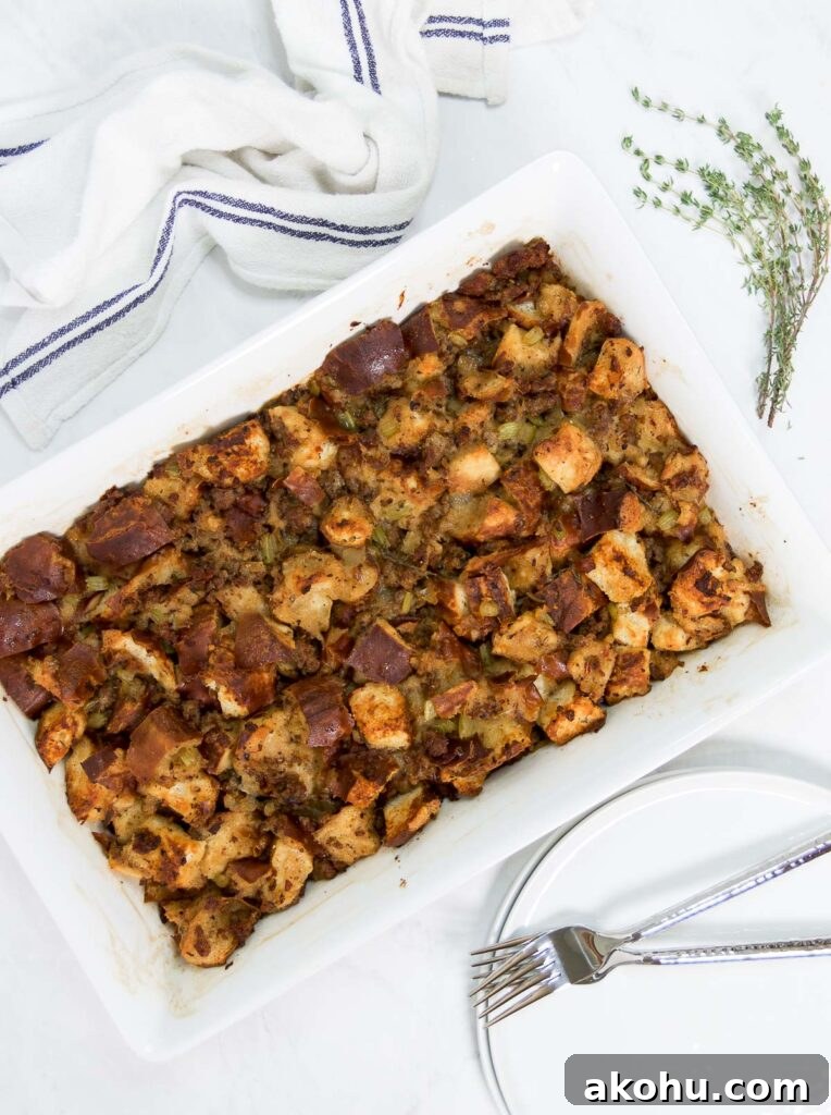 Pretzel and Sausage Stuffing with Beer for Holiday Dinners 2 A casserole dish of Beer Pretzel Stuffing on a table top