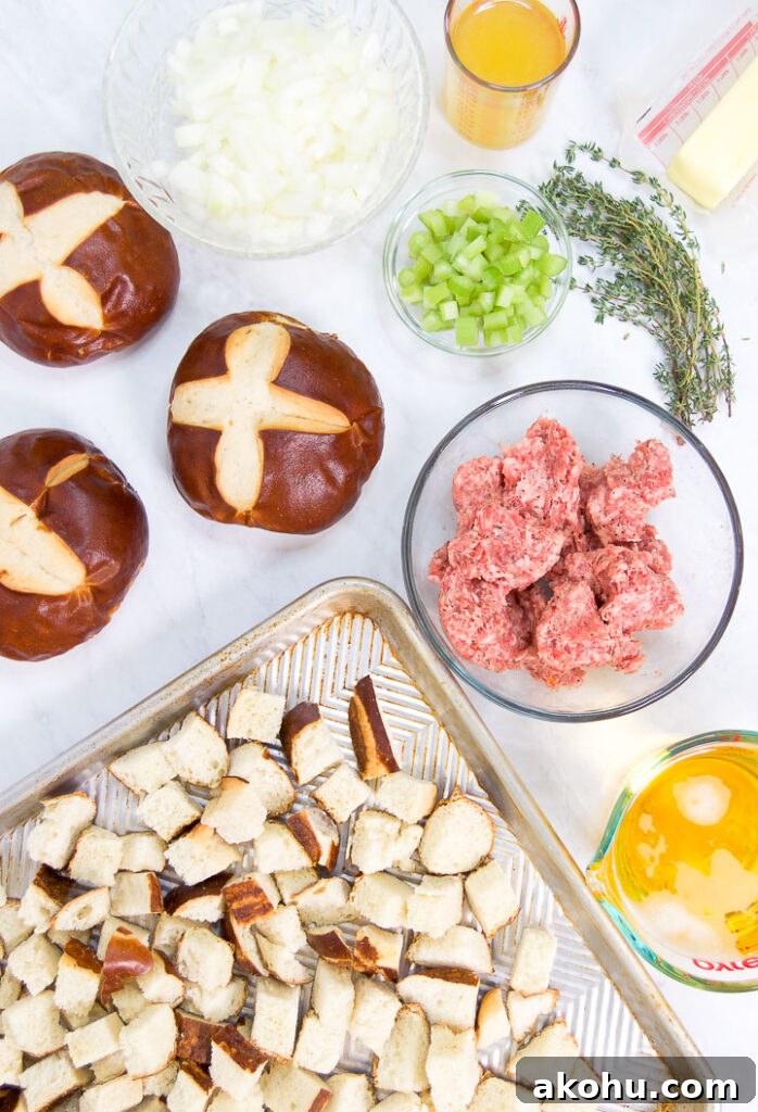 Pretzel and Sausage Stuffing with Beer for Holiday Dinners 4 Ingredients to make pretzel beer stuffing on a marble countertop in bowls