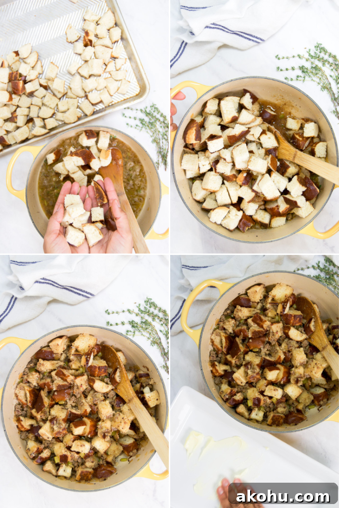 Pretzel and Sausage Stuffing with Beer for Holiday Dinners 6 Collage showing how to mix in pretzels for the pretzel beer stuffing recipe