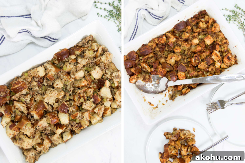 Pretzel and Sausage Stuffing with Beer for Holiday Dinners 7 Collage showing the Pretzel Sausage Stuffing before and after baking on a tablescape
