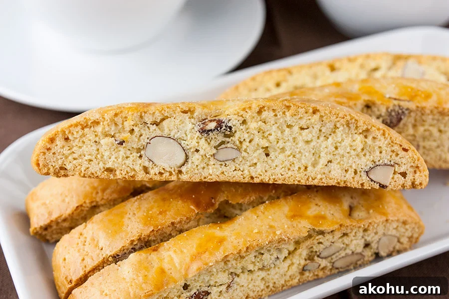 Almond Biscotti stacked on a white plate.