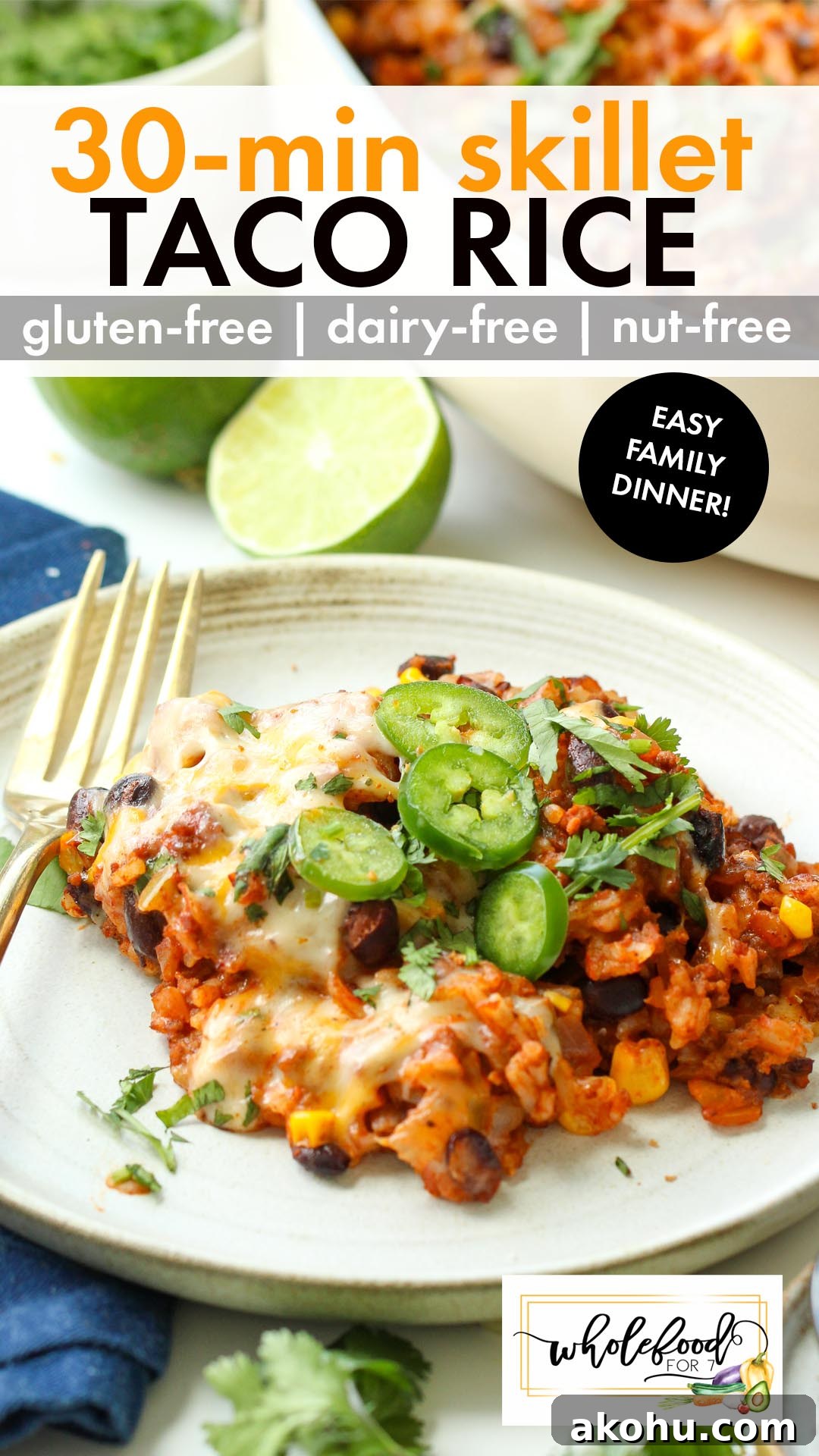 Easy Gluten-Free Dairy-Free Taco Rice Skillet made with ground beef, rice, black beans, corn, salsa, and dairy-free cheese. This simple one-pan dinner is family-friendly, budget-friendly, and perfect for busy weeknights. A hearty gluten-free dairy-free meal that reheats well for leftovers too.