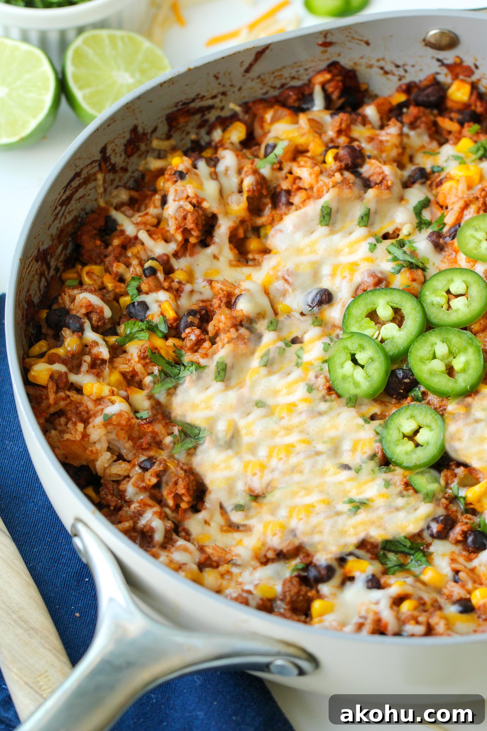 Easy Gluten-Free Dairy-Free Taco Rice Skillet made with ground beef, rice, black beans, corn, salsa, and dairy-free cheese. This simple one-pan dinner is family-friendly, budget-friendly, and perfect for busy weeknights. A hearty gluten-free dairy-free meal that reheats well for leftovers too.