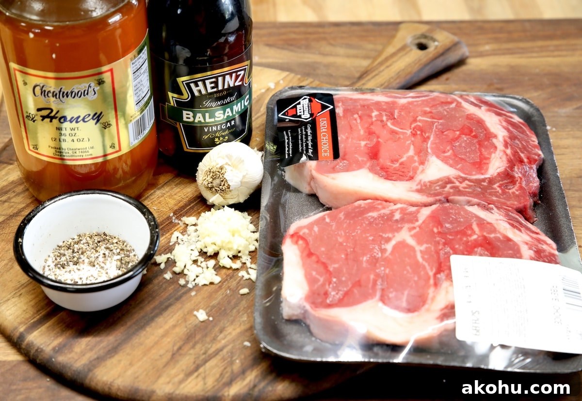 Ingredients for steak and balsamic honey glaze. Ingredients for grilled steak with honey balsamic garlic glaze.