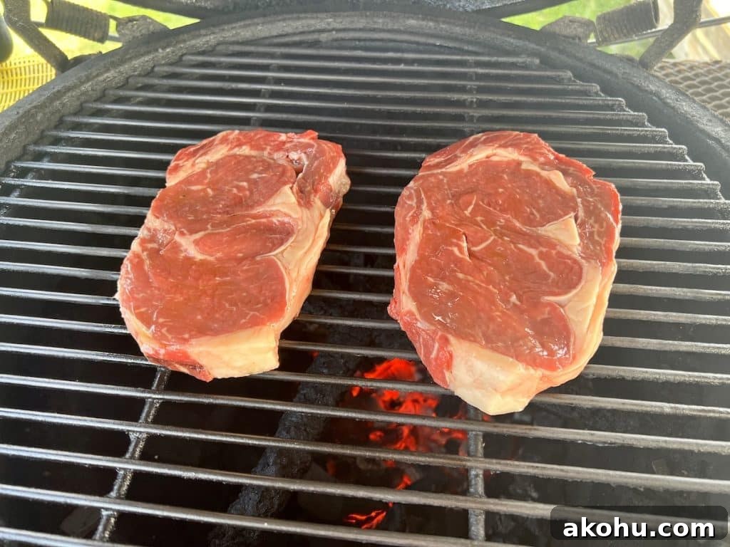 Honey Balsamic Glazed Steak Recipe for Weeknight Dinner 3 2 ribeye steaks on a grill.