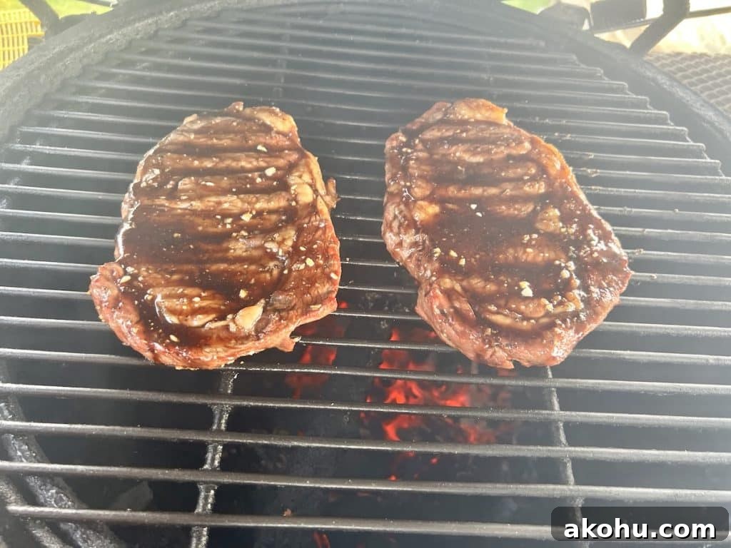 Honey Balsamic Glazed Steak Recipe for Weeknight Dinner 4 Grilling ribeye steaks with glaze.