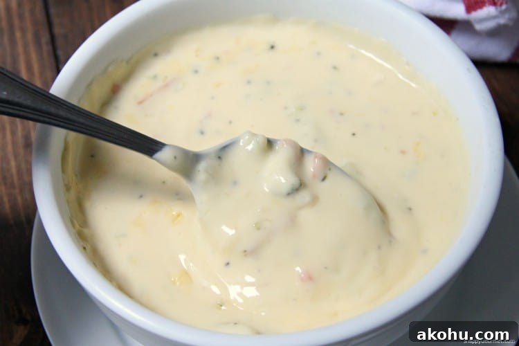 Broccoli Cheddar Soup in bowl with spoon