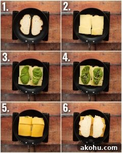 6 step by step photos showing how to make an avocado grilled cheese