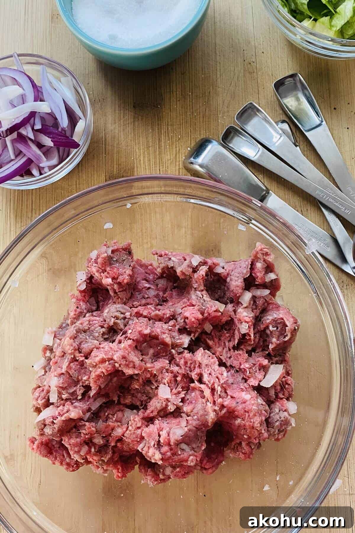 Ground beef mixture for burgers.