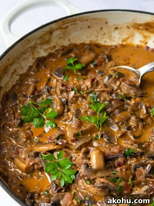 Vegan Mushroom Stroganoff served in a large non-stick frying pan with silver spoon. Pan is displayed on white background.