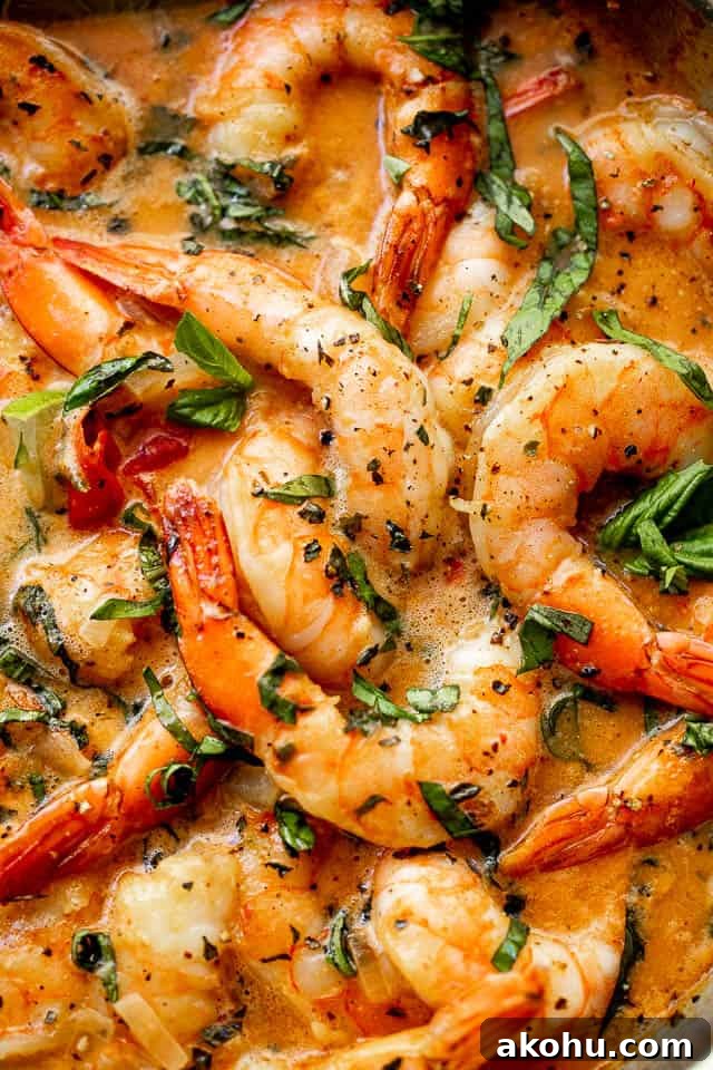 This creamy coconut shrimp recipe is bursting with delicious Thai-inspired flavors and is ready in 20 minutes. close up overhead shot of coconut milk shrimp