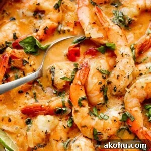 Creamy Thai Coconut Shrimp with Lemongrass and Lime 2 overhead shot of cooked shrimp in a coconut milk sauce