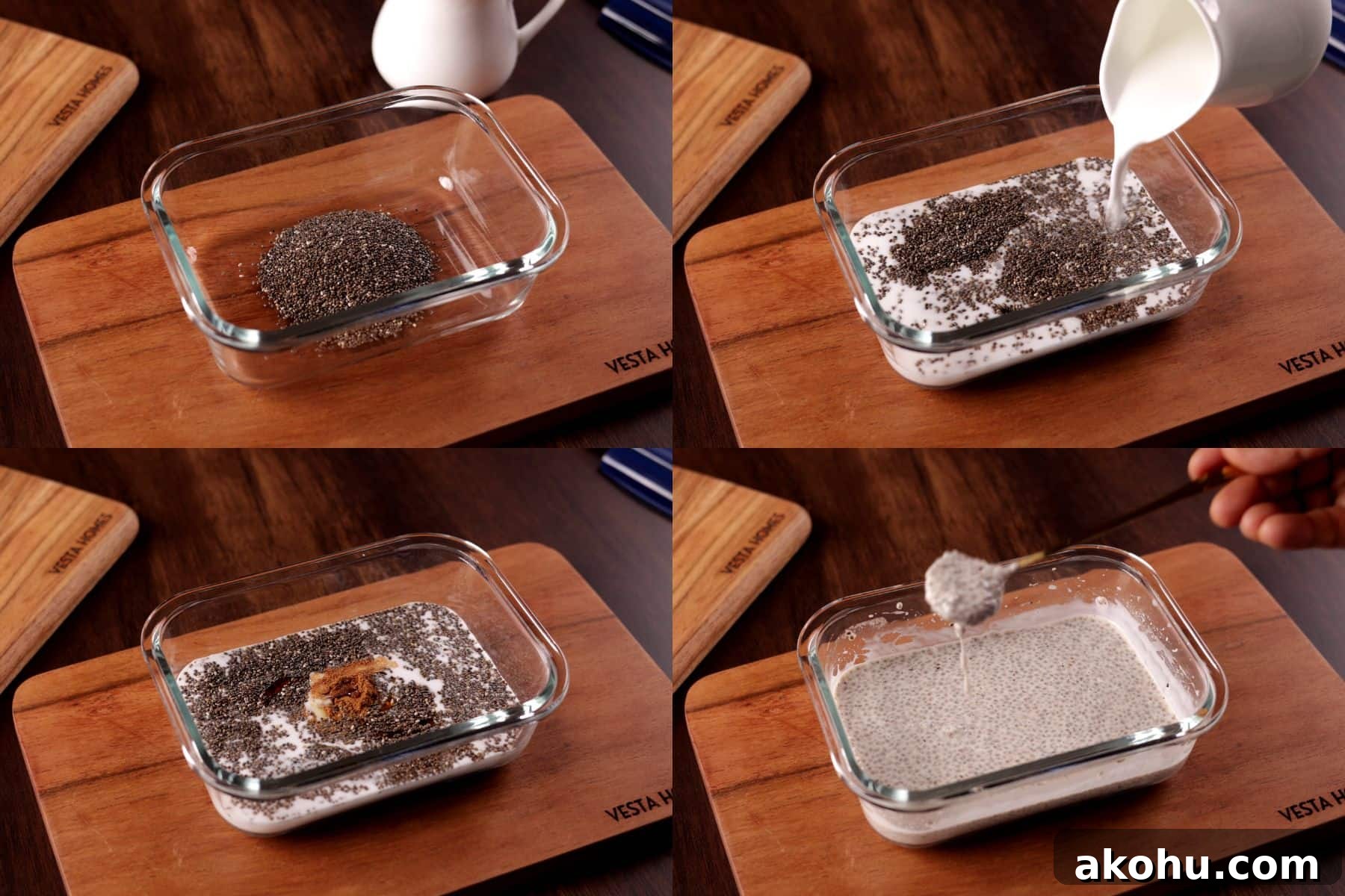 Creamy Coconut Chia Pudding Recipe for a Satisfying Breakfast 4 4 images collage showing making coconut chia seed pudding: mixing ingredients, letting the mixture thicken, and refrigerating until set.