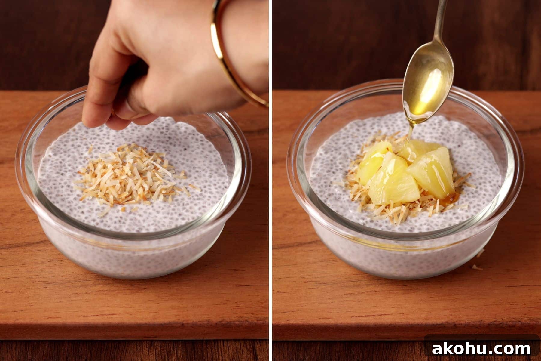 Creamy Coconut Chia Pudding Recipe for a Satisfying Breakfast 5 Two images collage showing serving chia pudding in a glass bowl topping with toasted coconut, pineapple chunks, and a drizzle of honey.