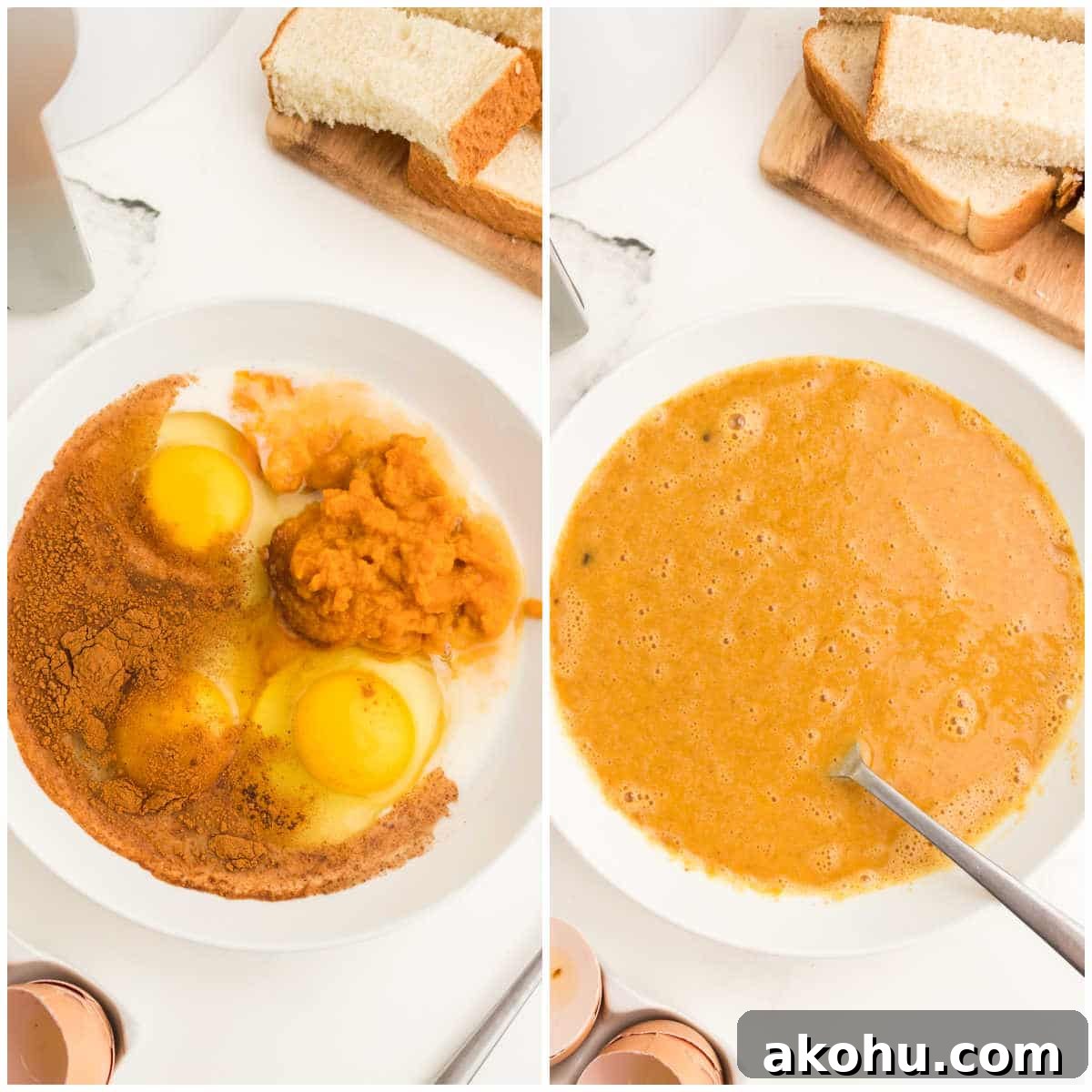 Collage of mixing ingredients in a bowl.