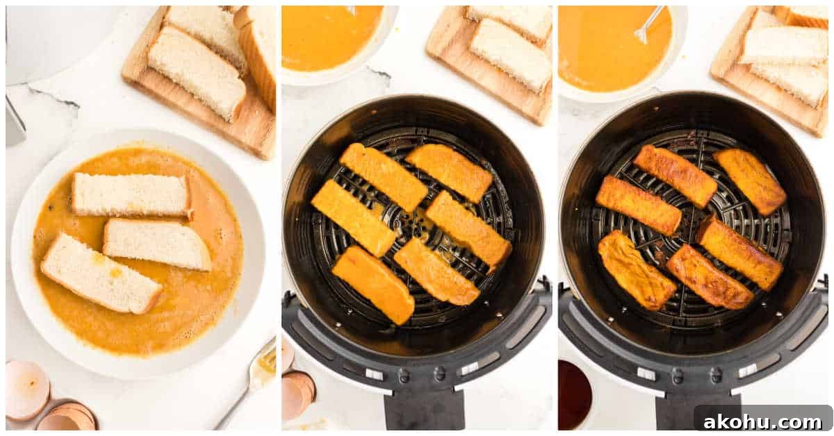 Collage of tossing the bread in batter and air frying.