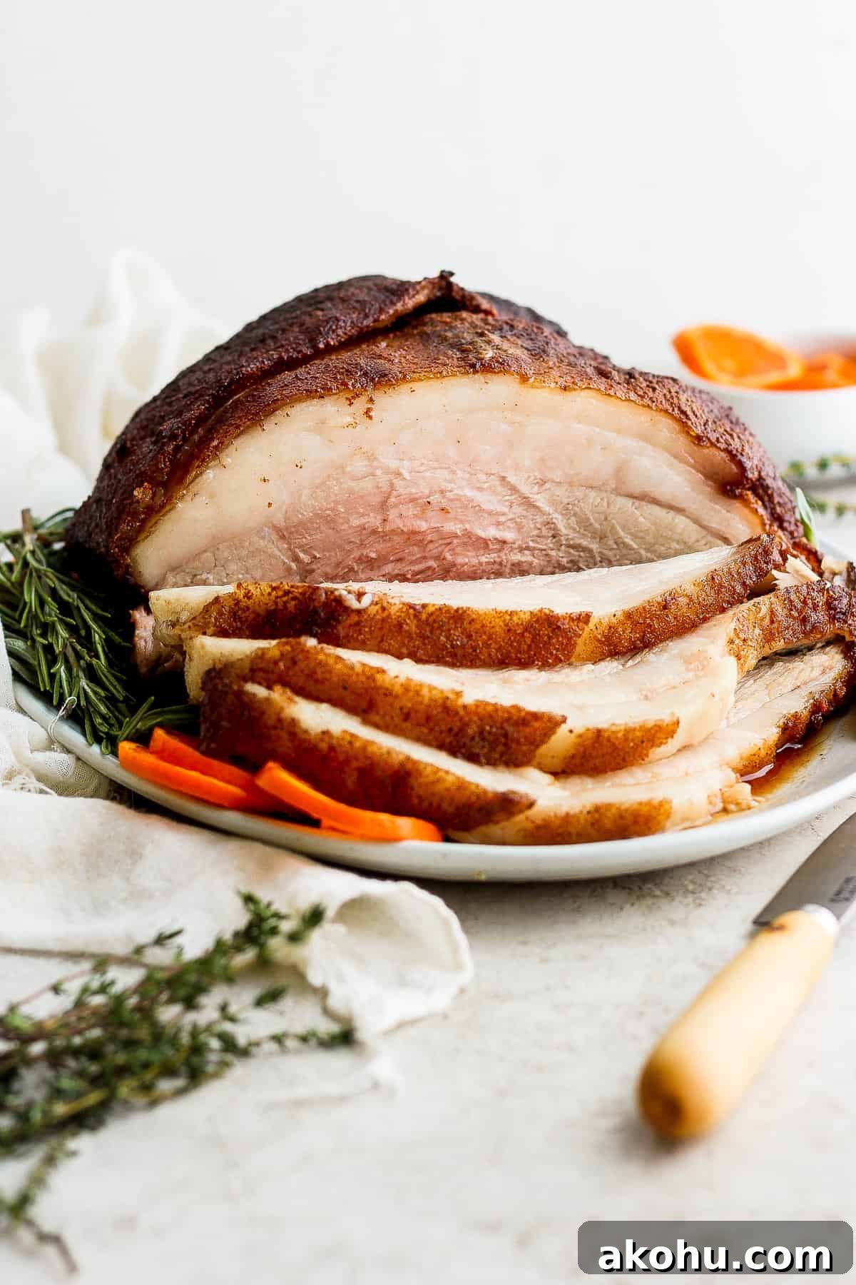 Sliced ham on a plate.