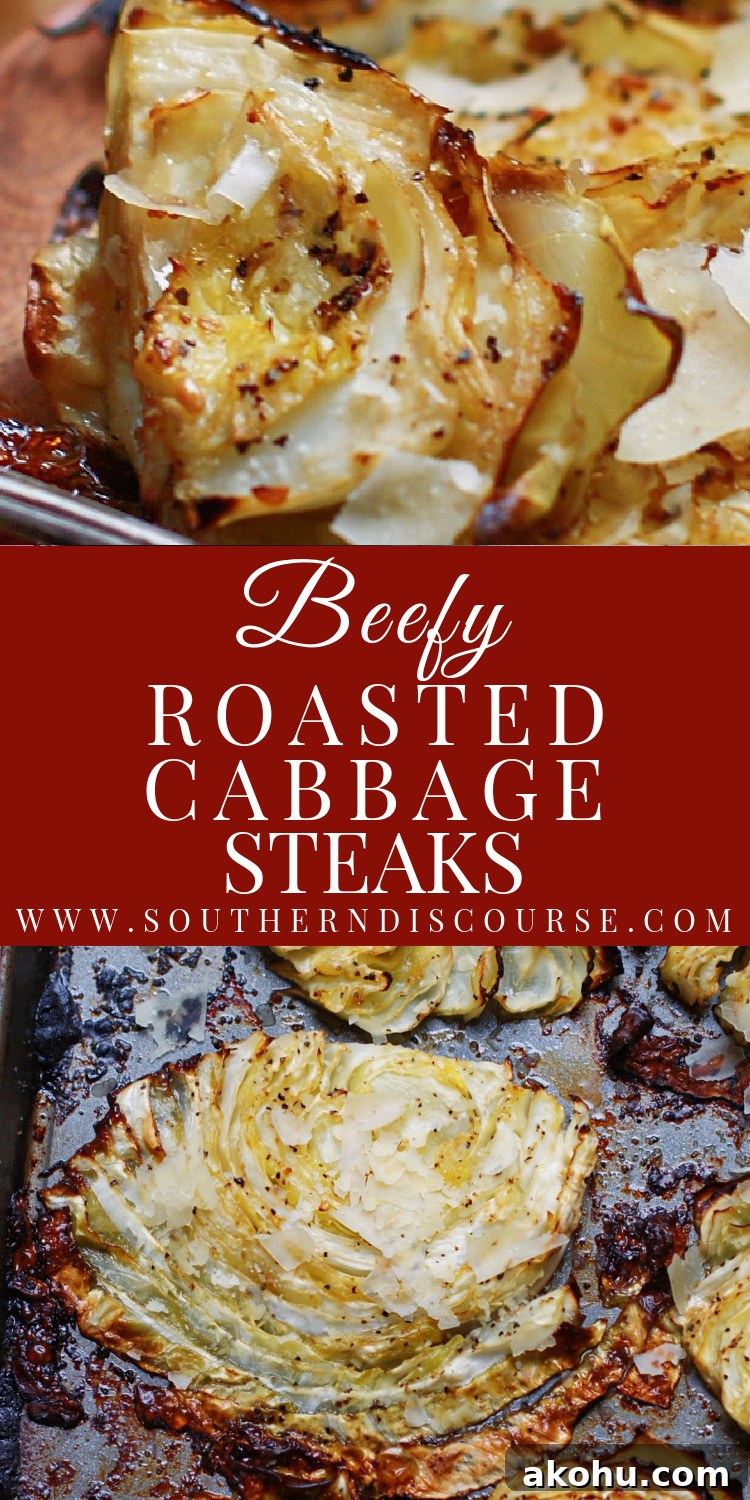Beefy Roasted Cabbage Steaks are tender, roasted slices of cabbage with tempting crispy, caramelized edges and a subtle beefy flavor.  They make for a tantalizingly savory vegetable side dish, perfect for almost any meal!  